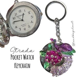 Strada Peacock Vintage Crystal Pocket Watch Key Chain Charm Japan Keychain
